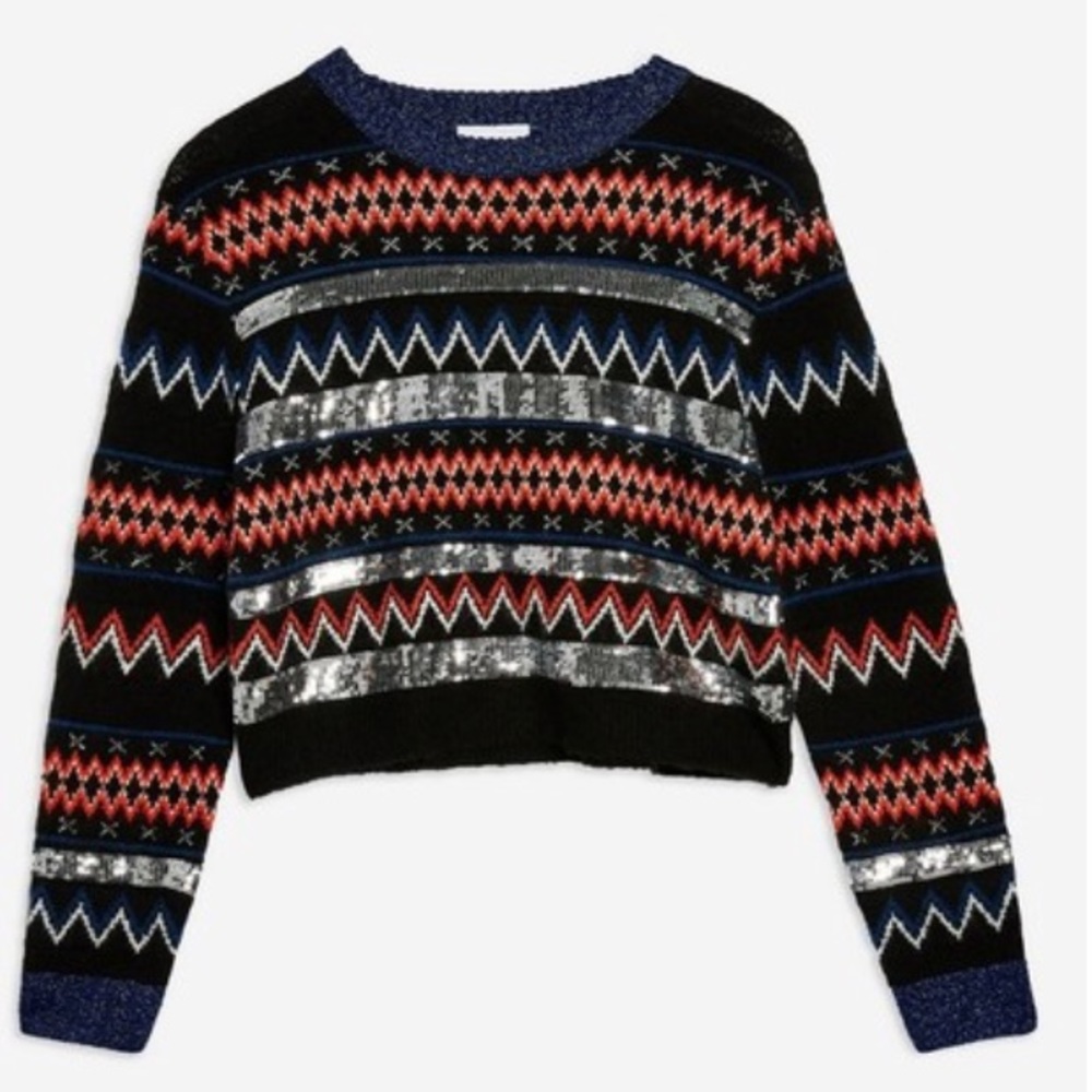 Topshop Sequin Fair Isle Cropped Sweater crew neck long sleeve women size 6 NWOT